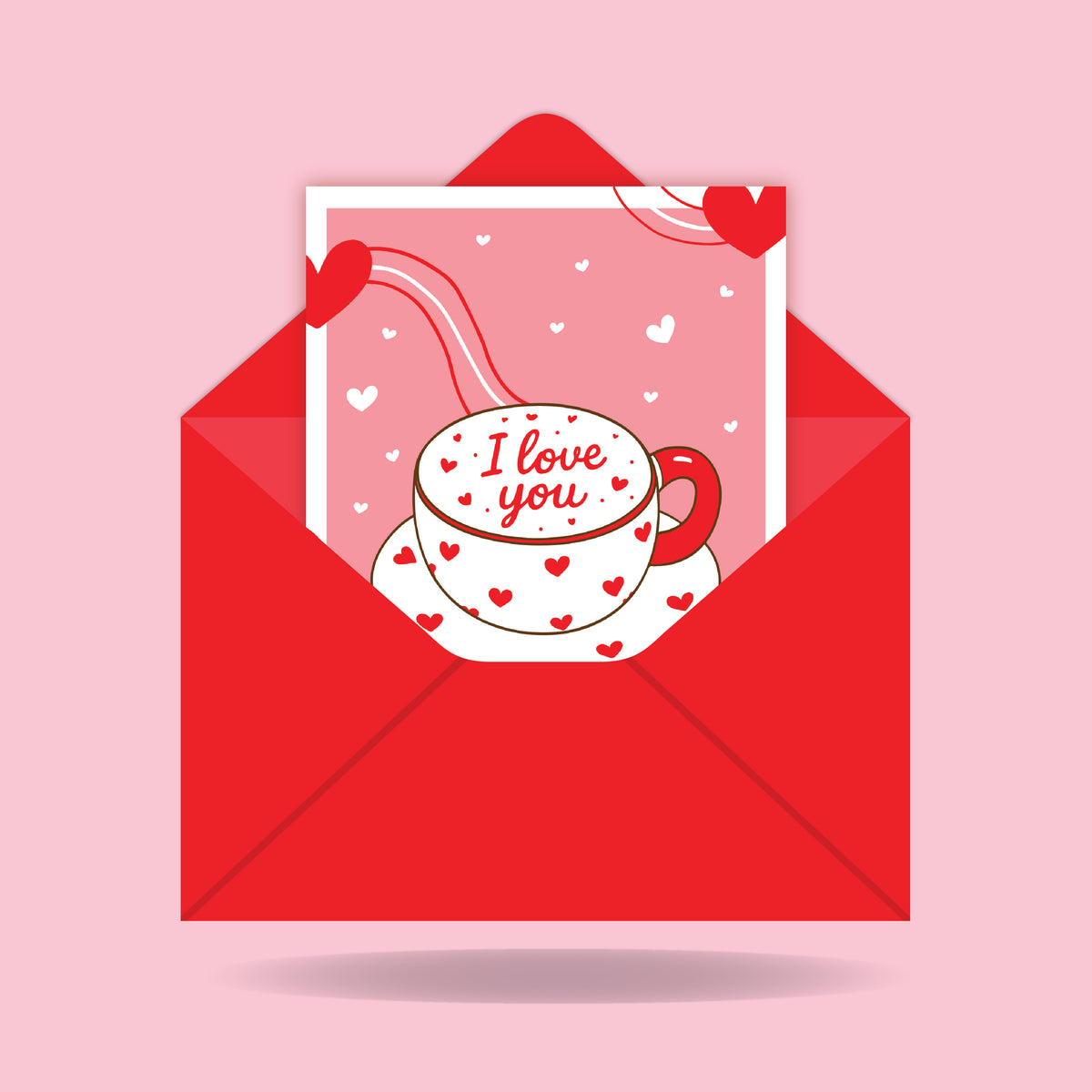 Red envelope with a card featuring a cup and 'I love you' text on a pink background