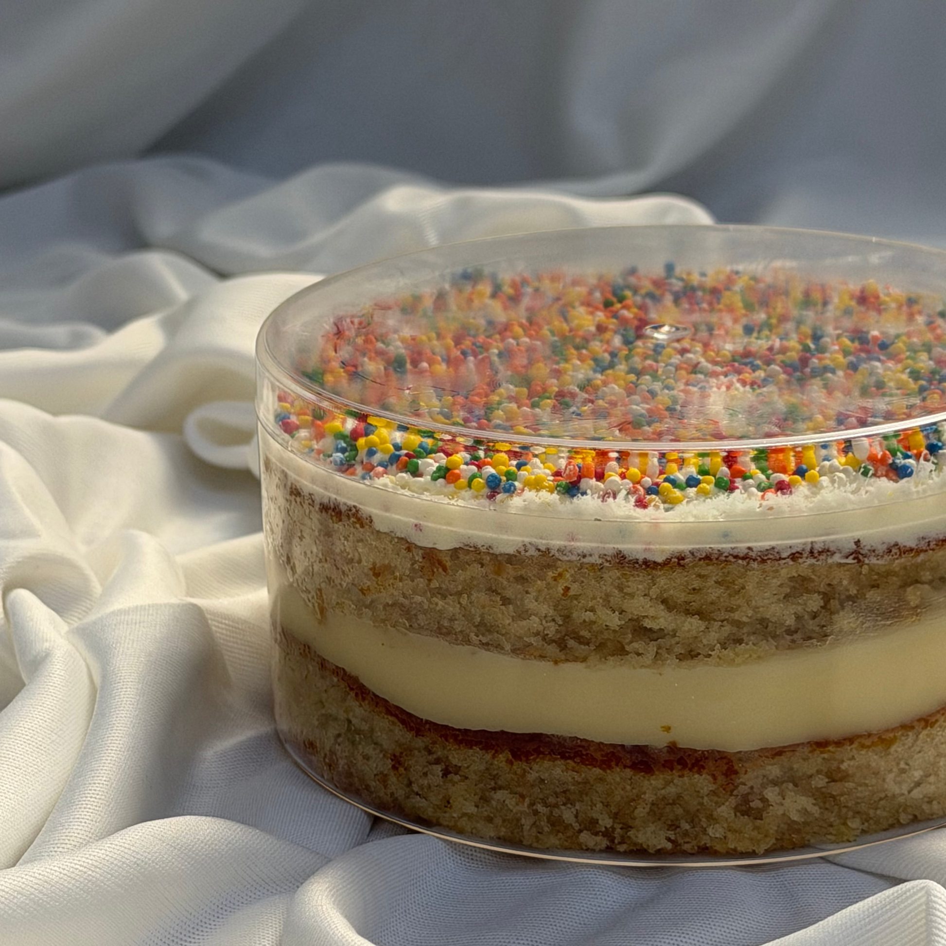Two-layer cake with colorful sprinkles on a white fabric background