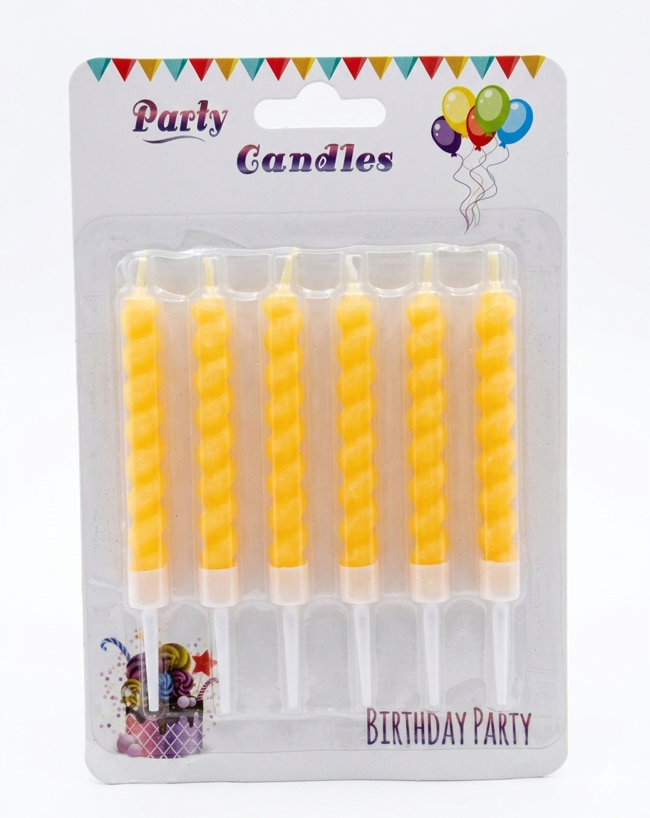 Pack of yellow twisted birthday candles with a colorful 'Party Candles' label on a white background.