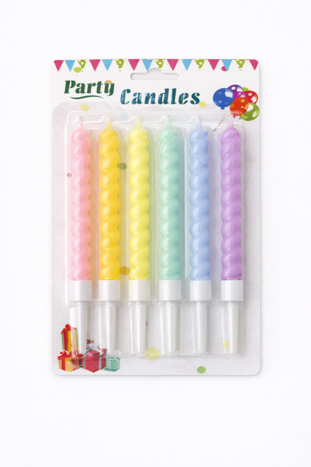 Set of pastel-colored party candles in packaging with 'Party Candles' text.