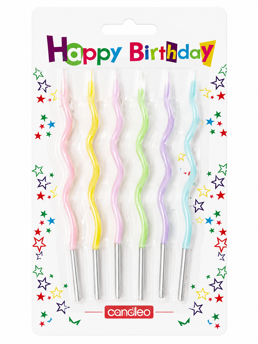Pack of birthday candles with pastel colors on a white background with 'Happy Birthday' text.