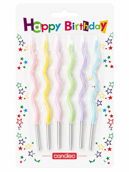 Pack of birthday candles with pastel colors on a white background with 'Happy Birthday' text.