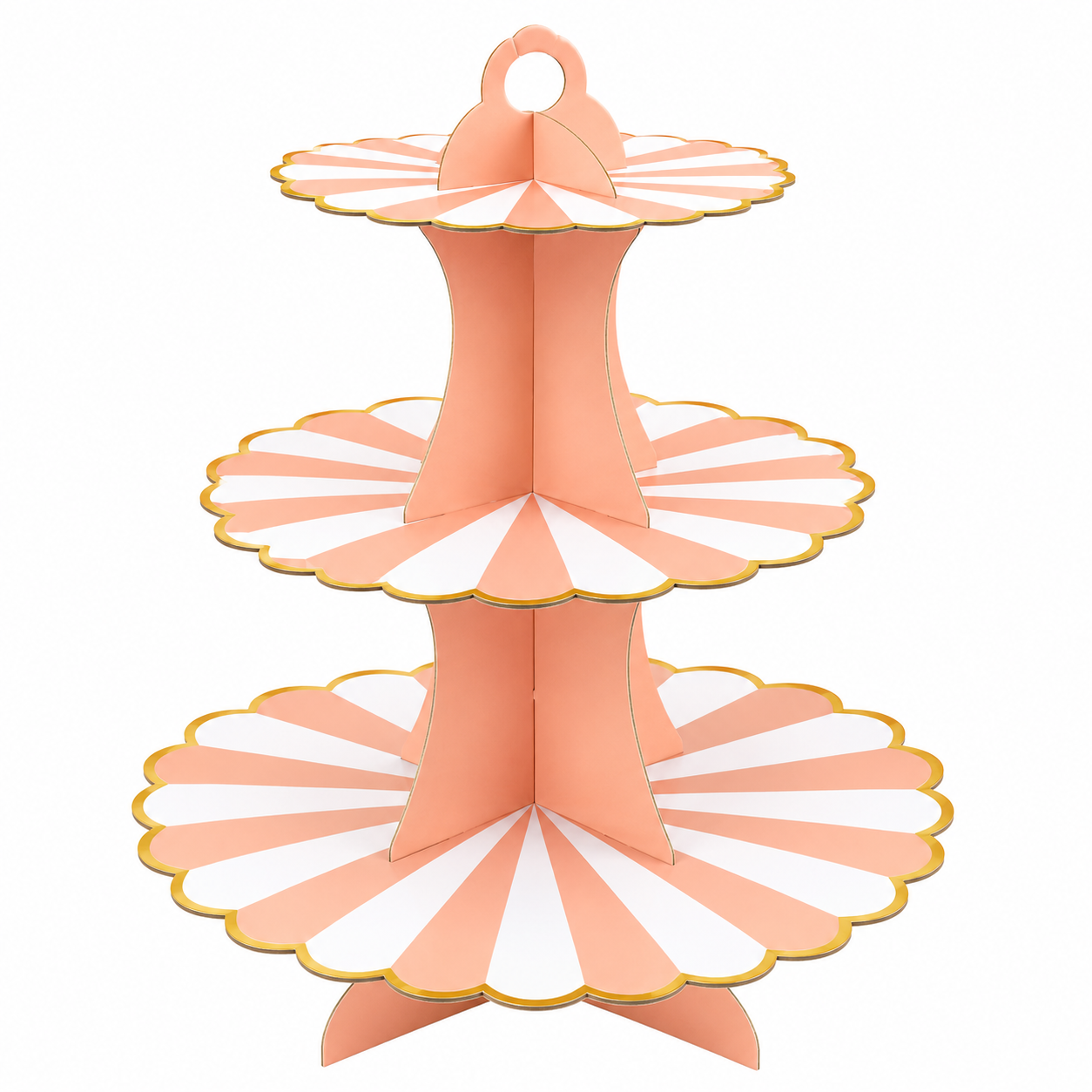 Two-tiered pink cake stand with scalloped edges on a white background