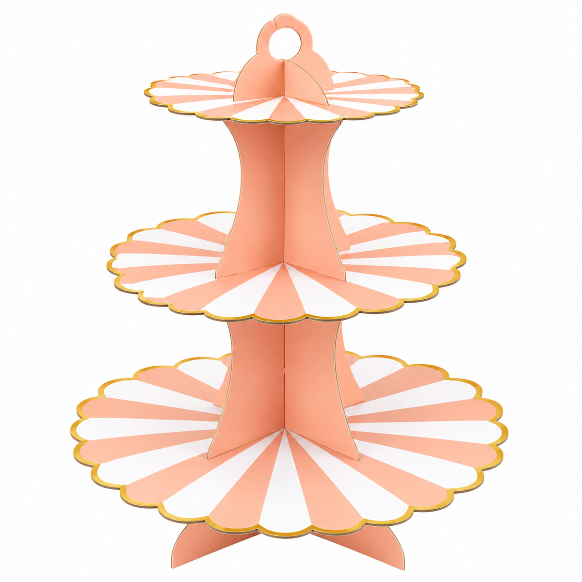 Two-tiered pink cake stand with scalloped edges on a white background
