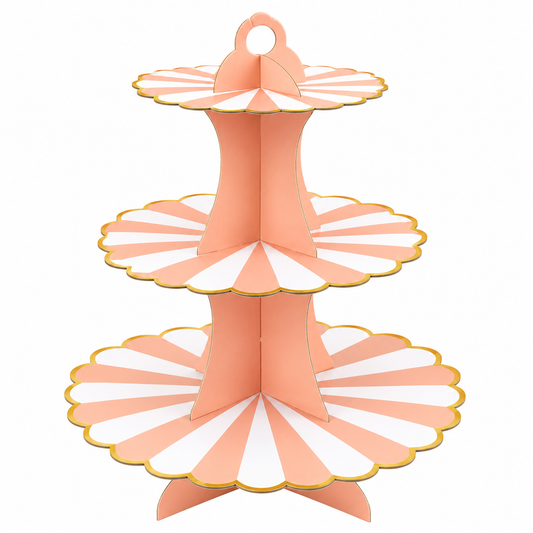 Two-tiered pink cake stand with scalloped edges on a white background