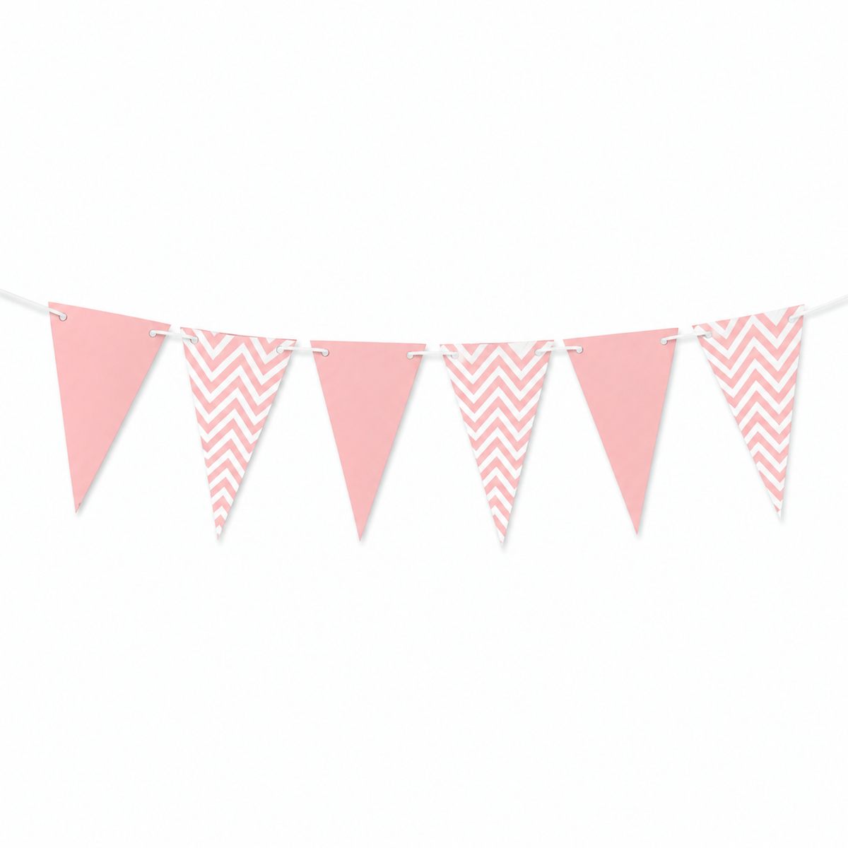 Pink and white chevron bunting banner with alternating solid pink and white patterned triangular flags on a white background.