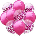 A collection of pink and purple balloons with confetti patterns, tied and arranged together.
