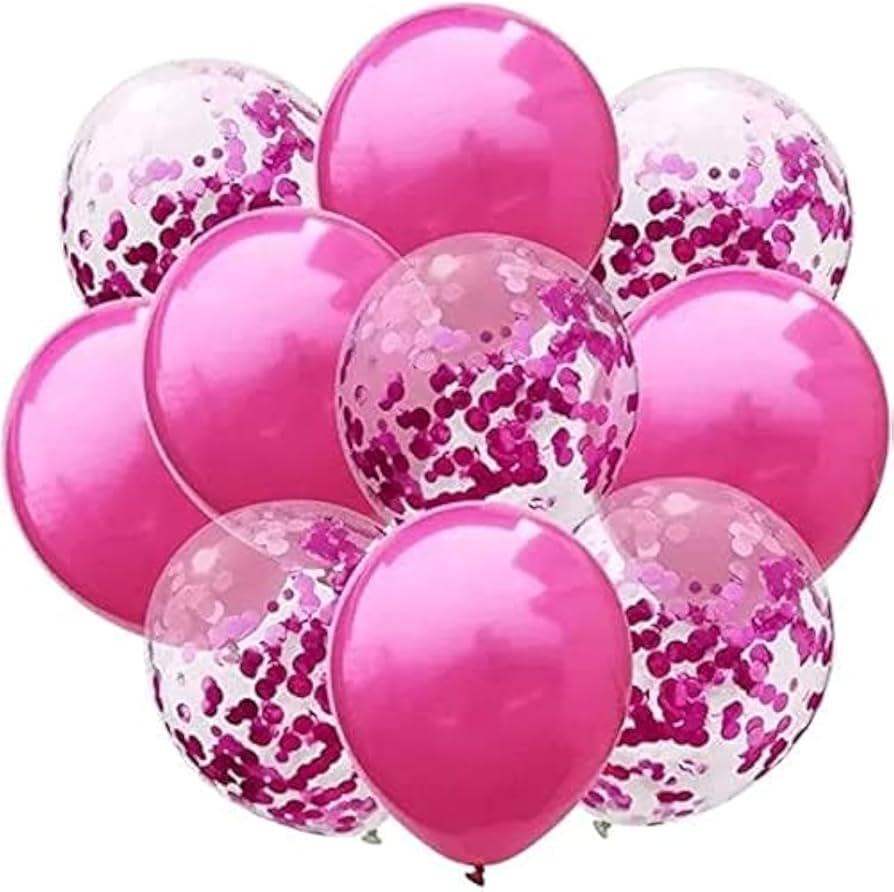 A collection of pink and purple balloons with confetti patterns, tied and arranged together.