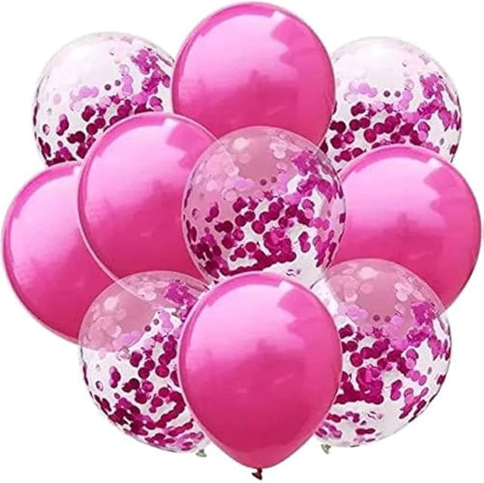 A collection of pink and purple balloons with confetti patterns, tied and arranged together.