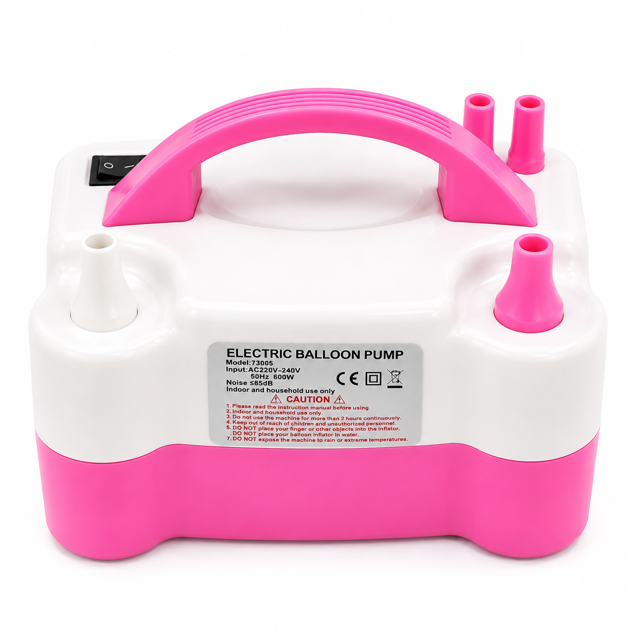 Pink and white electric balloon pump on a white background