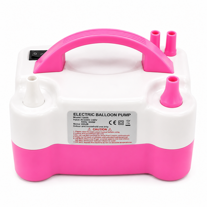 Pink and white electric balloon pump on a white background