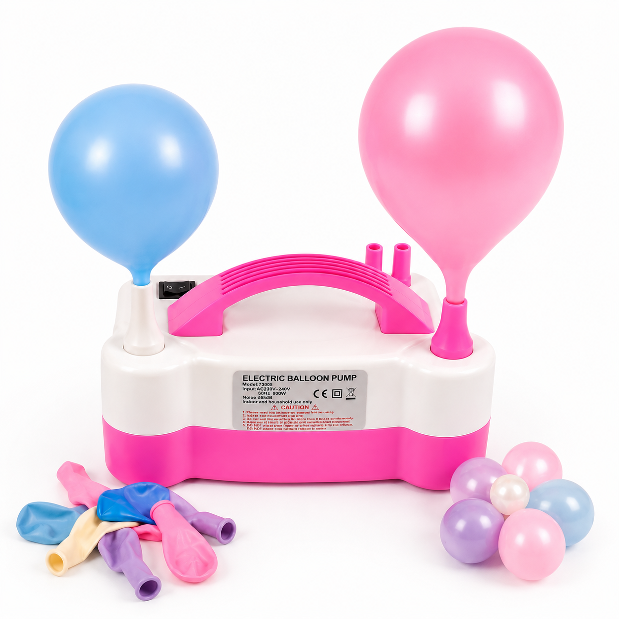 Electric balloon pump with balloons on a white background
