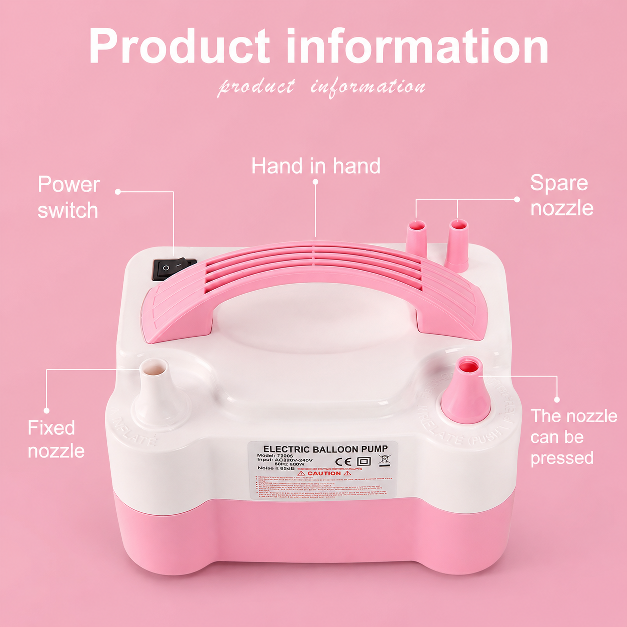 Pink and white electric balloon pump with labeled parts on a pink background