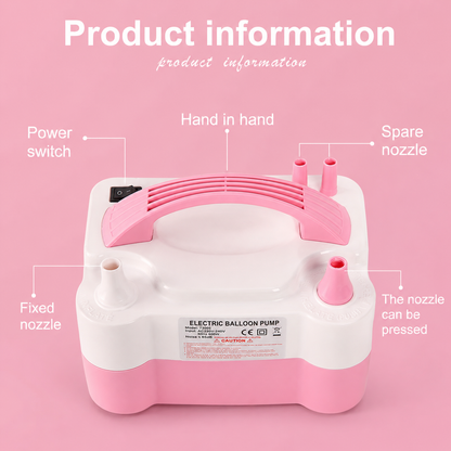 Pink and white electric balloon pump with labeled parts on a pink background