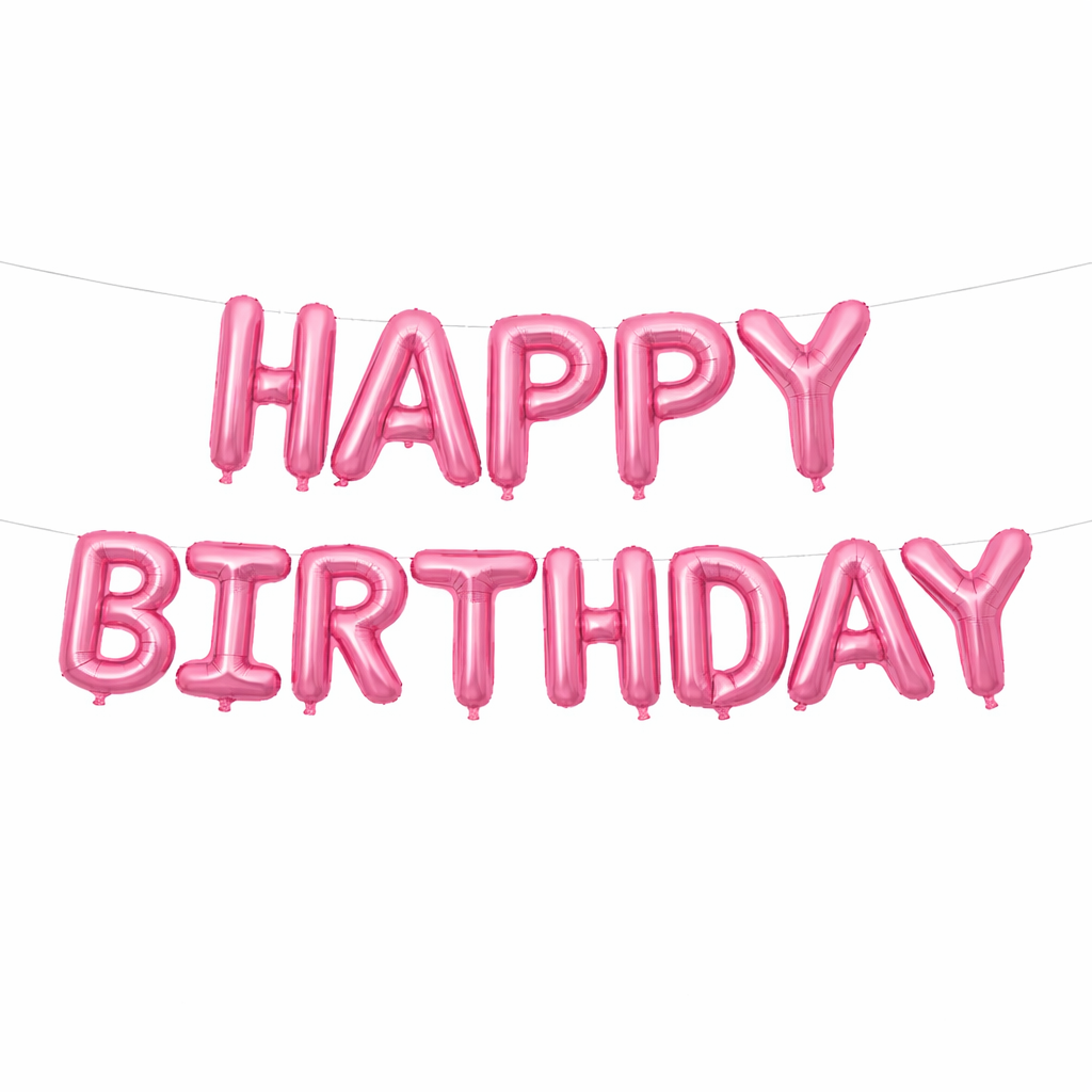 Pink 'Happy Birthday' balloon banner on a white background
