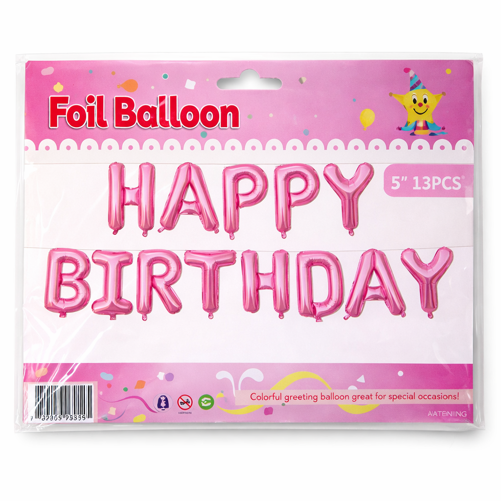 Package of pink 'Happy Birthday' foil balloons with a cartoon character on a pink background.