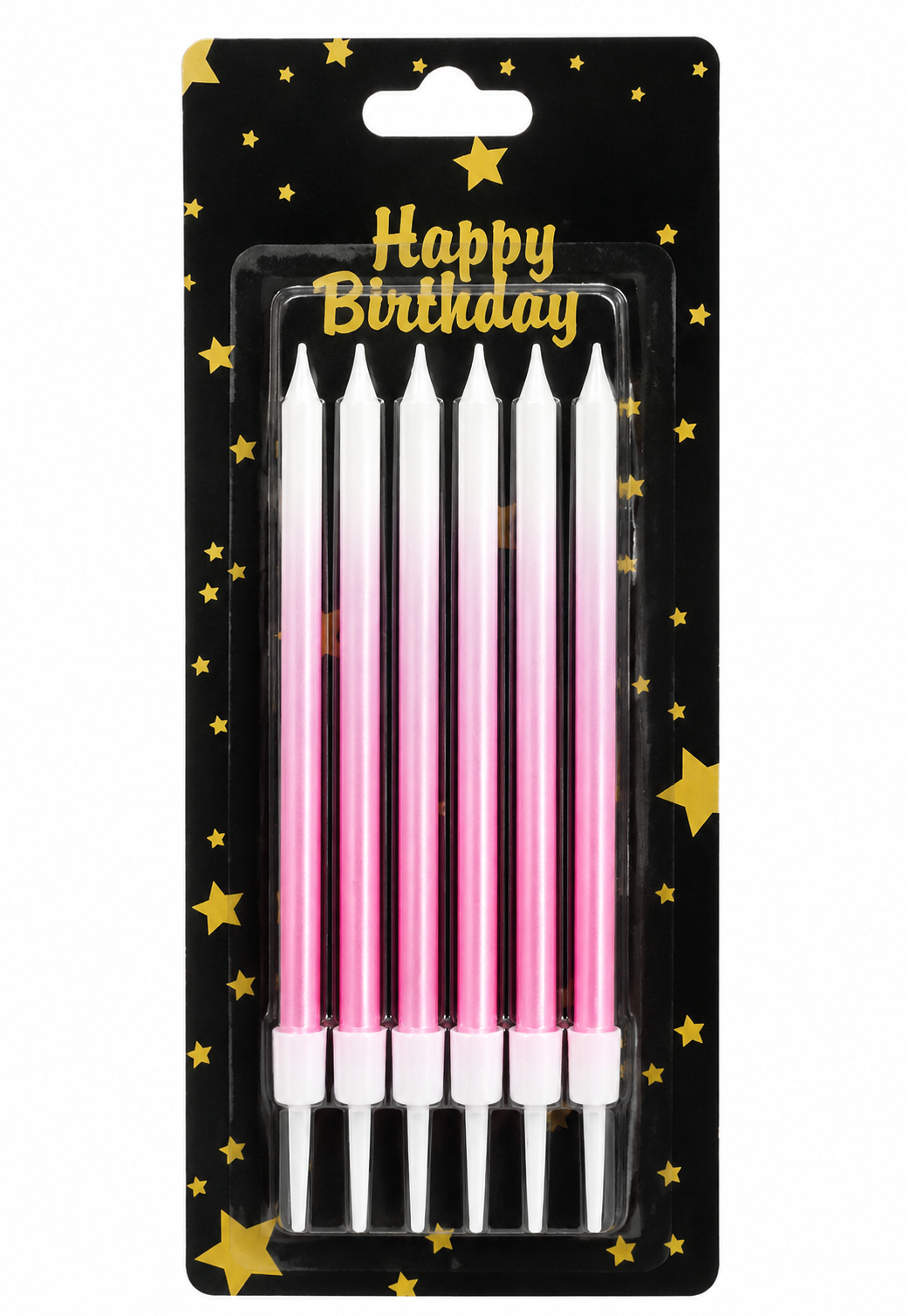 Set of pink birthday candles in packaging with 'Happy Birthday' text and gold stars.