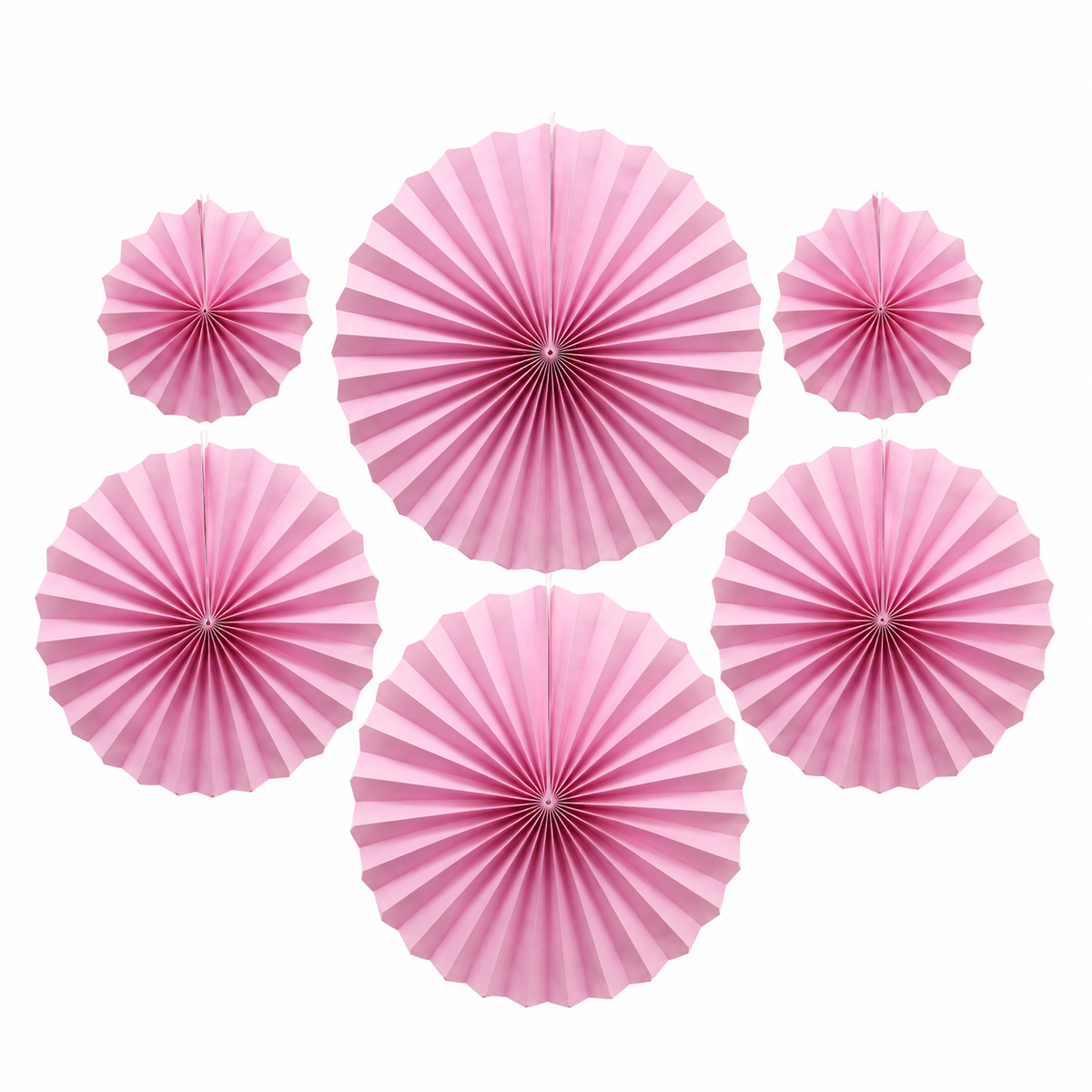 Set of six pink paper fans on a white background