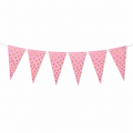 Pink bunting banner with gold polka dots on a white string, shown against a plain white background.