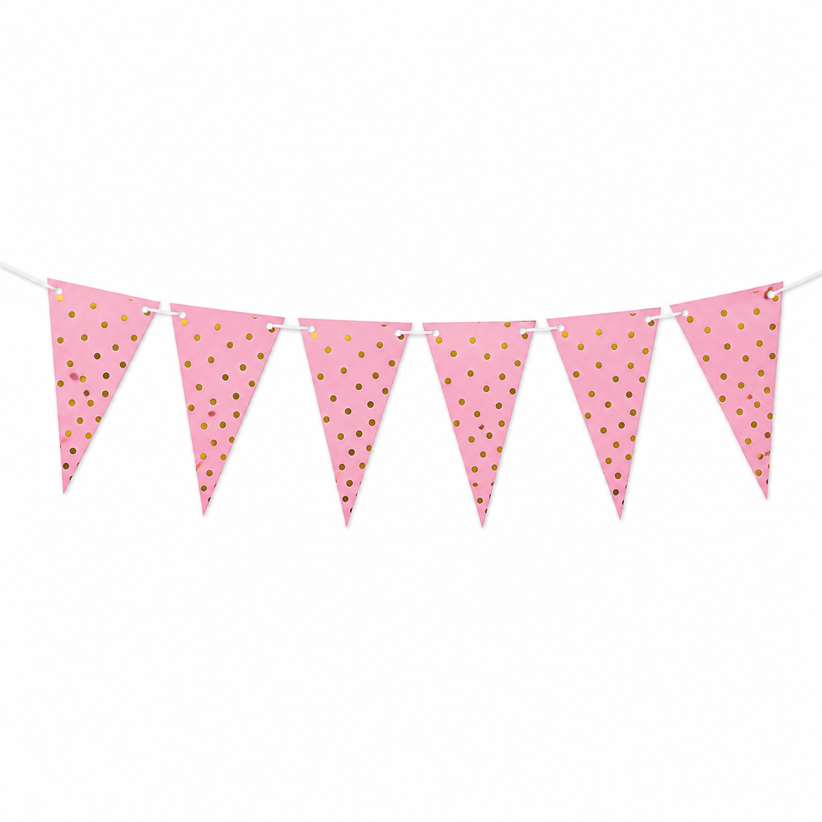 Pink bunting banner with gold polka dots on a white string, shown against a plain white background.