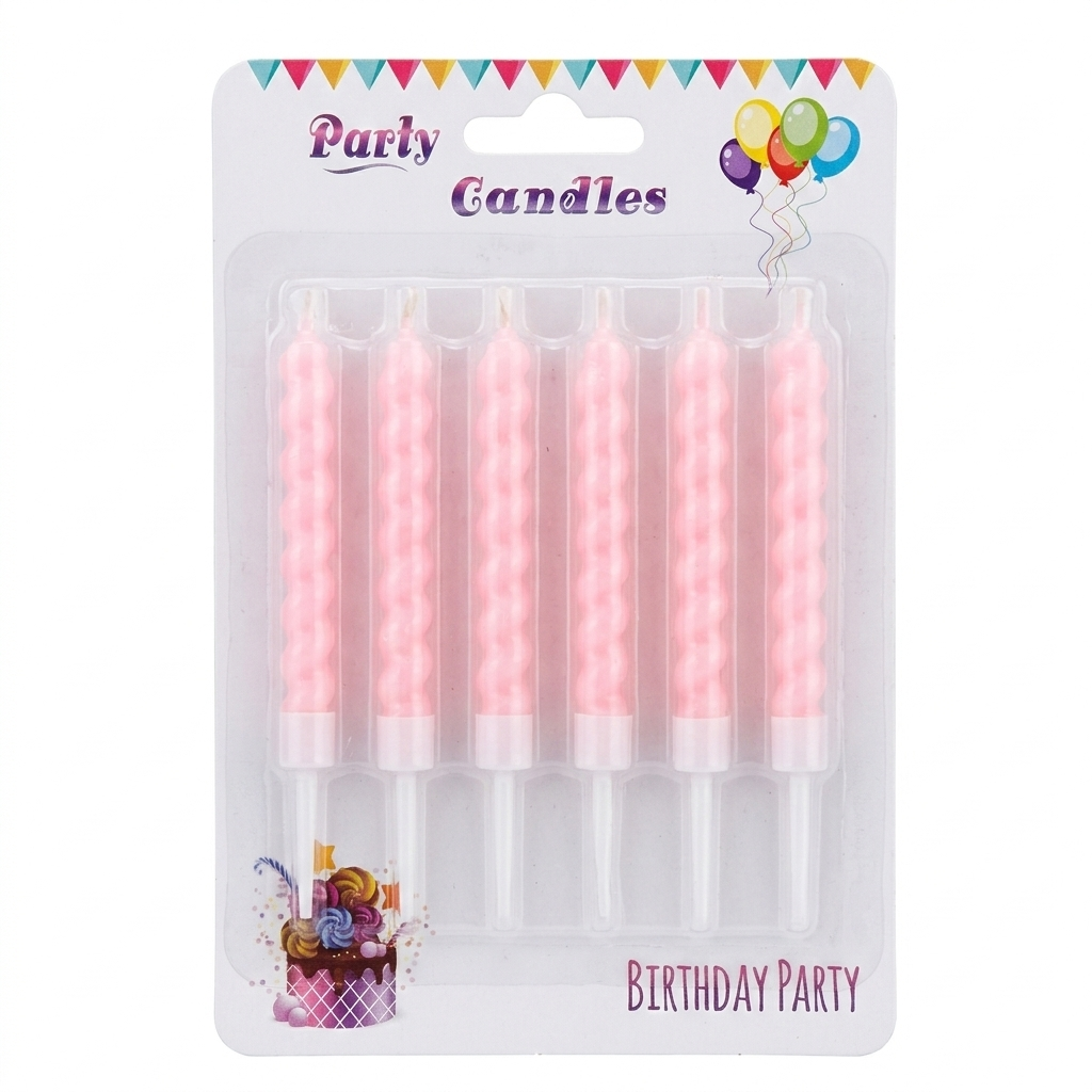Pack of pink birthday candles in clear packaging with 'Party Candles' text.