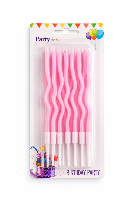 Packaged pink wavy candles with colorful party-themed 