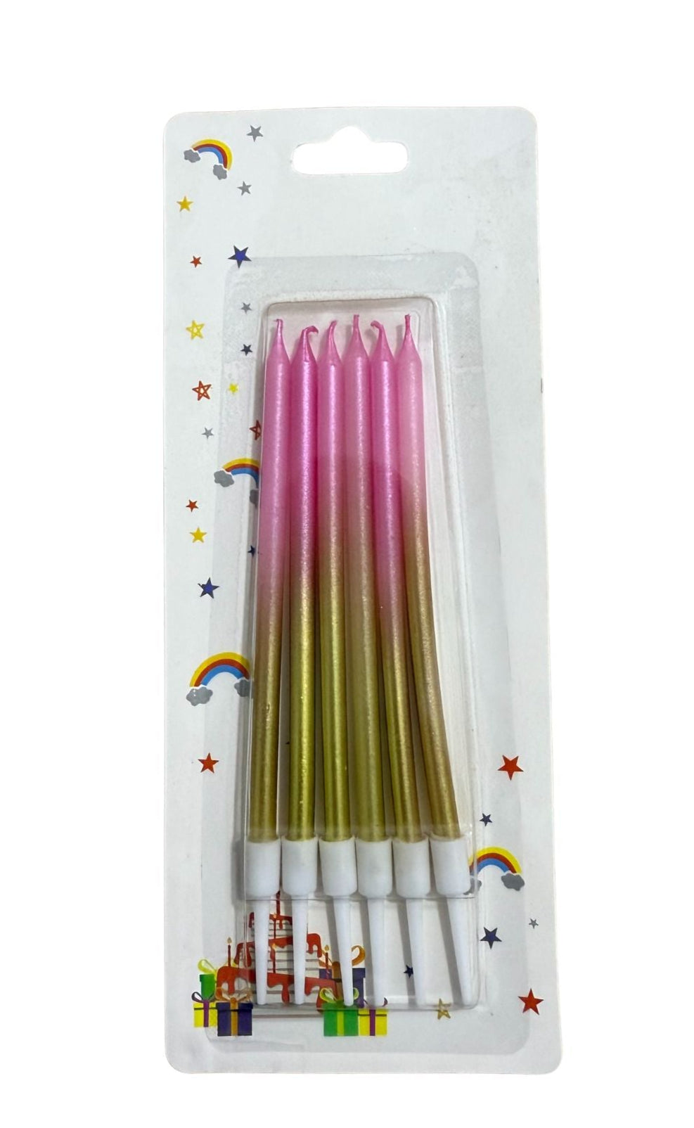 A set of ombre colored candles, with packaging that includes a pink and blue ombre design and a set of pink candles with a similar pattern.