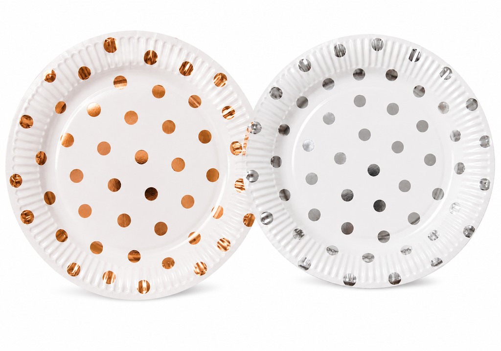 Rose gold and silver polka dot paper plates displayed together on white background