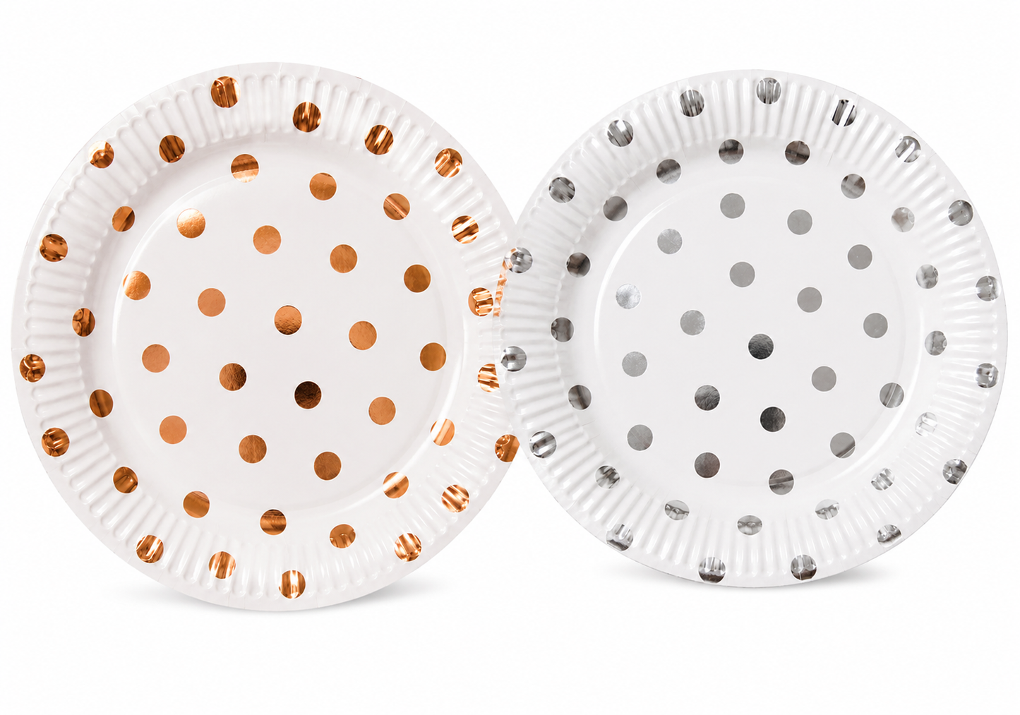 Rose gold and silver polka dot paper plates displayed together on white background