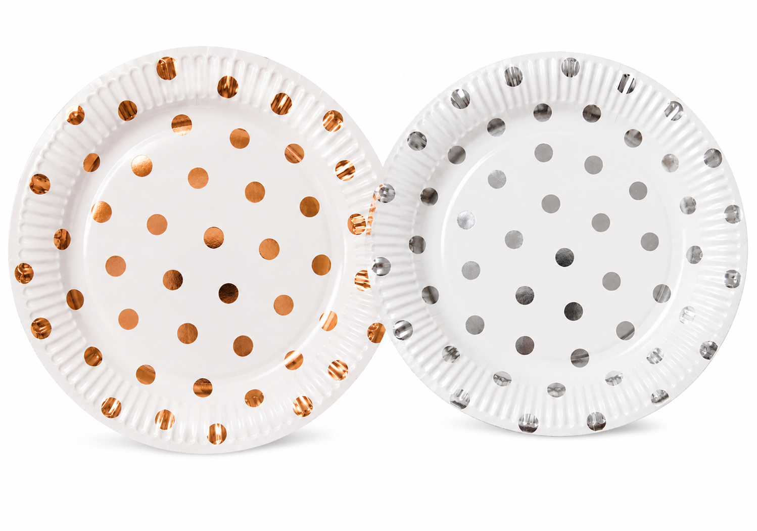 Rose gold and silver polka dot paper plates displayed together on white background