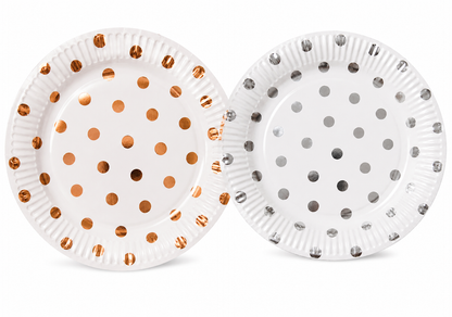 Rose gold and silver polka dot paper plates displayed together on white background