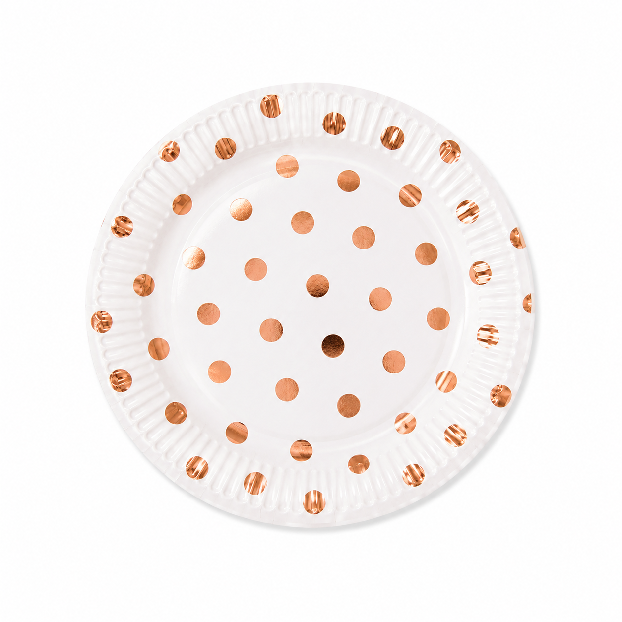 White paper plate with metallic rose gold polka dot design on white background