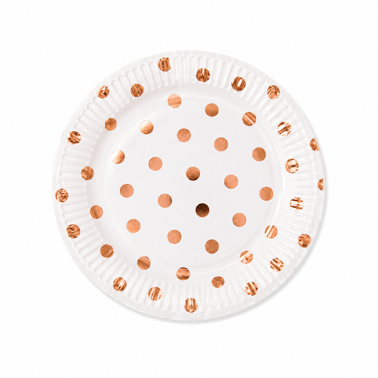 White paper plate with metallic rose gold polka dot design on white background