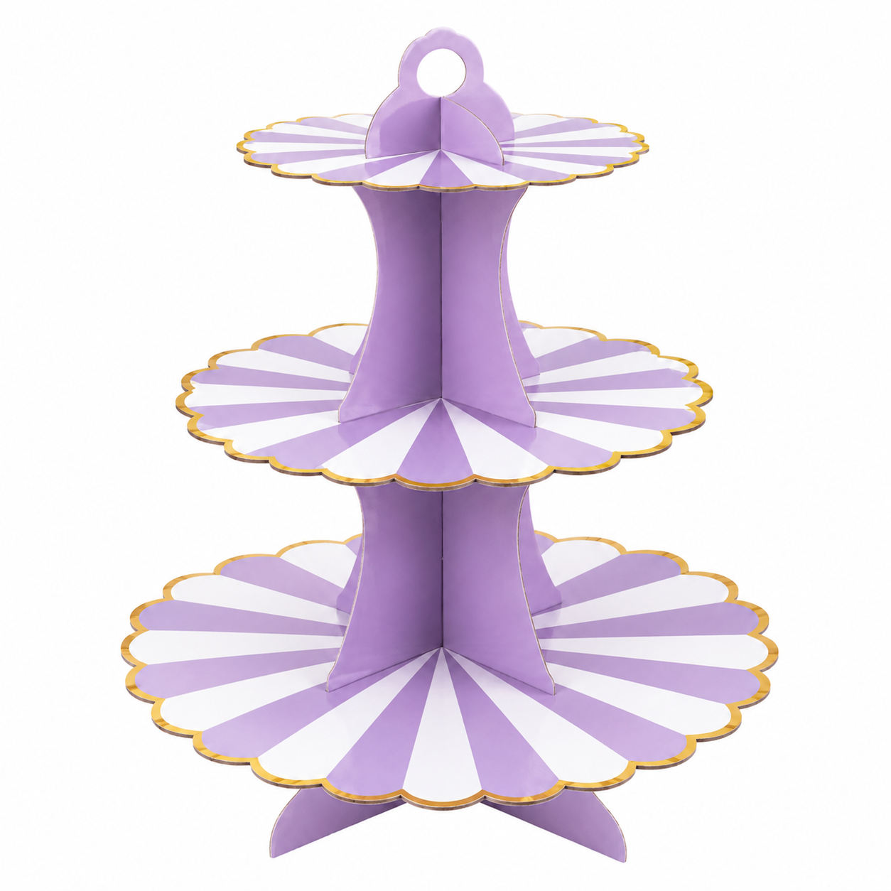 Three-tiered purple and white cake stand with gold accents on a white background
