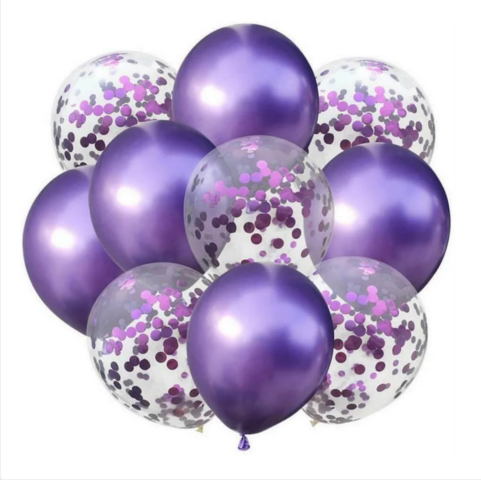 A cluster of round purple confetti balloons with a transparent section filled with confetti, attached to a string.