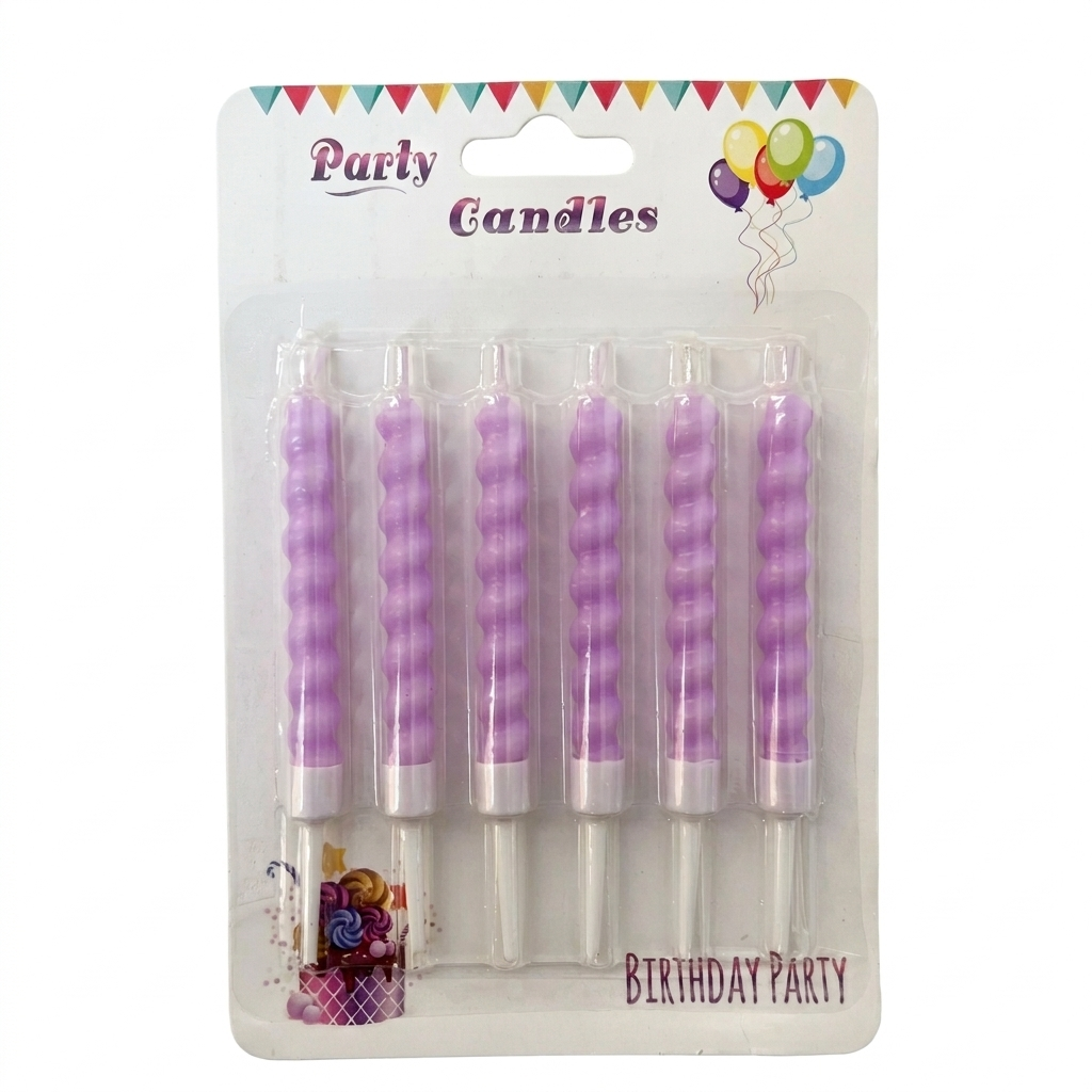 Pack of purple spiral birthday candles on a white background