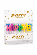 Packaged colorful 'HAPPY BIRTHDAY' candles with 'party candle' text on a white background.