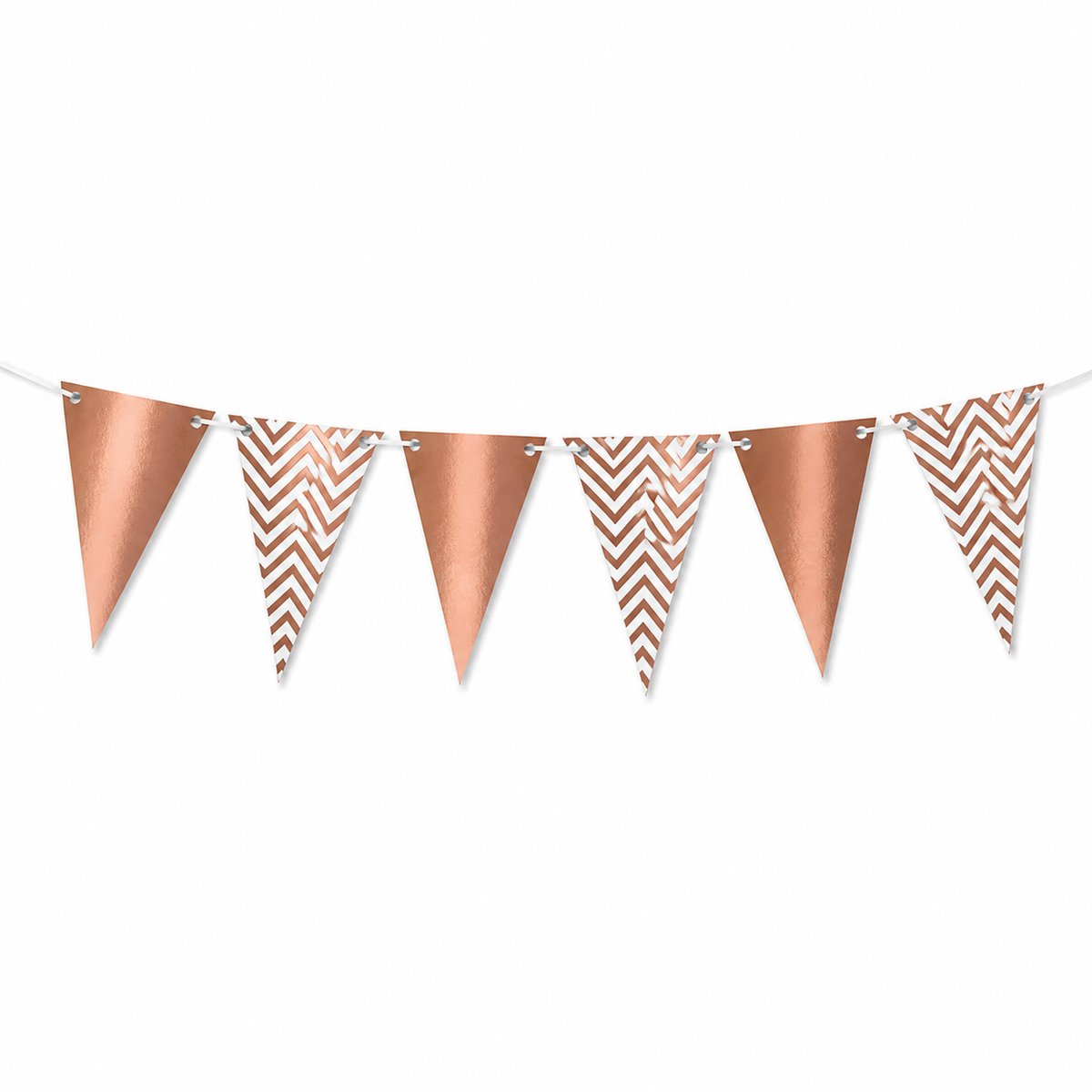 Rose gold bunting banner with alternating solid and chevron pattern pennants on a white string, shown against a plain white background.