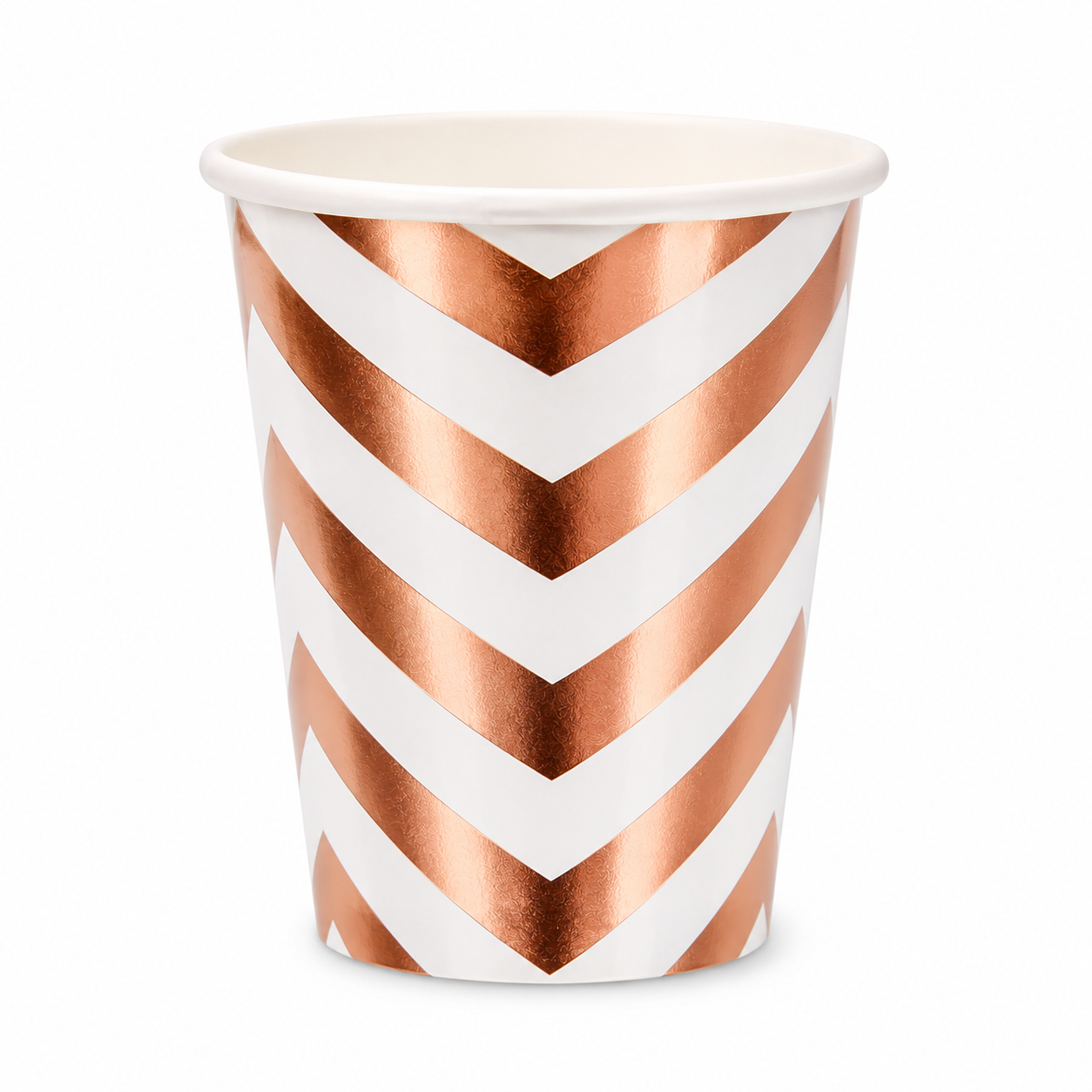 Paper cup with rose gold and white chevron pattern on a white background
