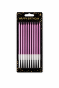 Pack of pink birthday candles with a 'Happy Birthday' label on a black background