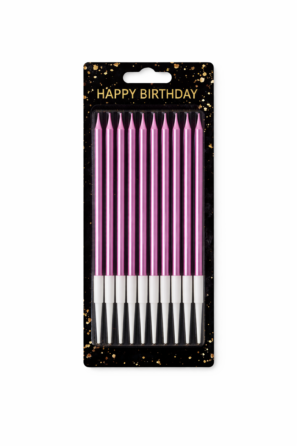 Pack of pink birthday candles with a 'Happy Birthday' label on a black background