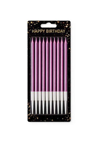 Pack of pink birthday candles with a 'Happy Birthday' label on a black background