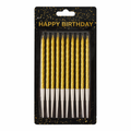 Pack of gold birthday candles with black packaging featuring 'Happy Birthday' text.