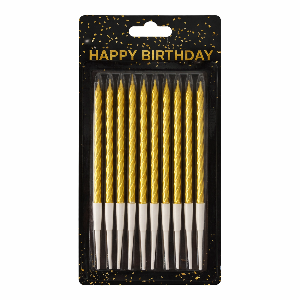 Pack of gold birthday candles with black packaging featuring 'Happy Birthday' text.