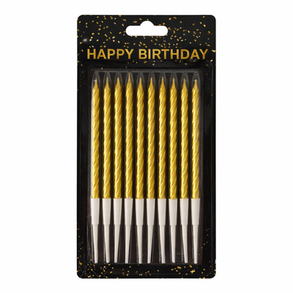 Pack of gold birthday candles with black packaging featuring 'Happy Birthday' text.