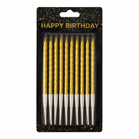 Pack of gold birthday candles with black packaging featuring 'Happy Birthday' text.