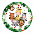 Safari Friends Party Plates with cute jungle animal illustrations and tropical leaf border