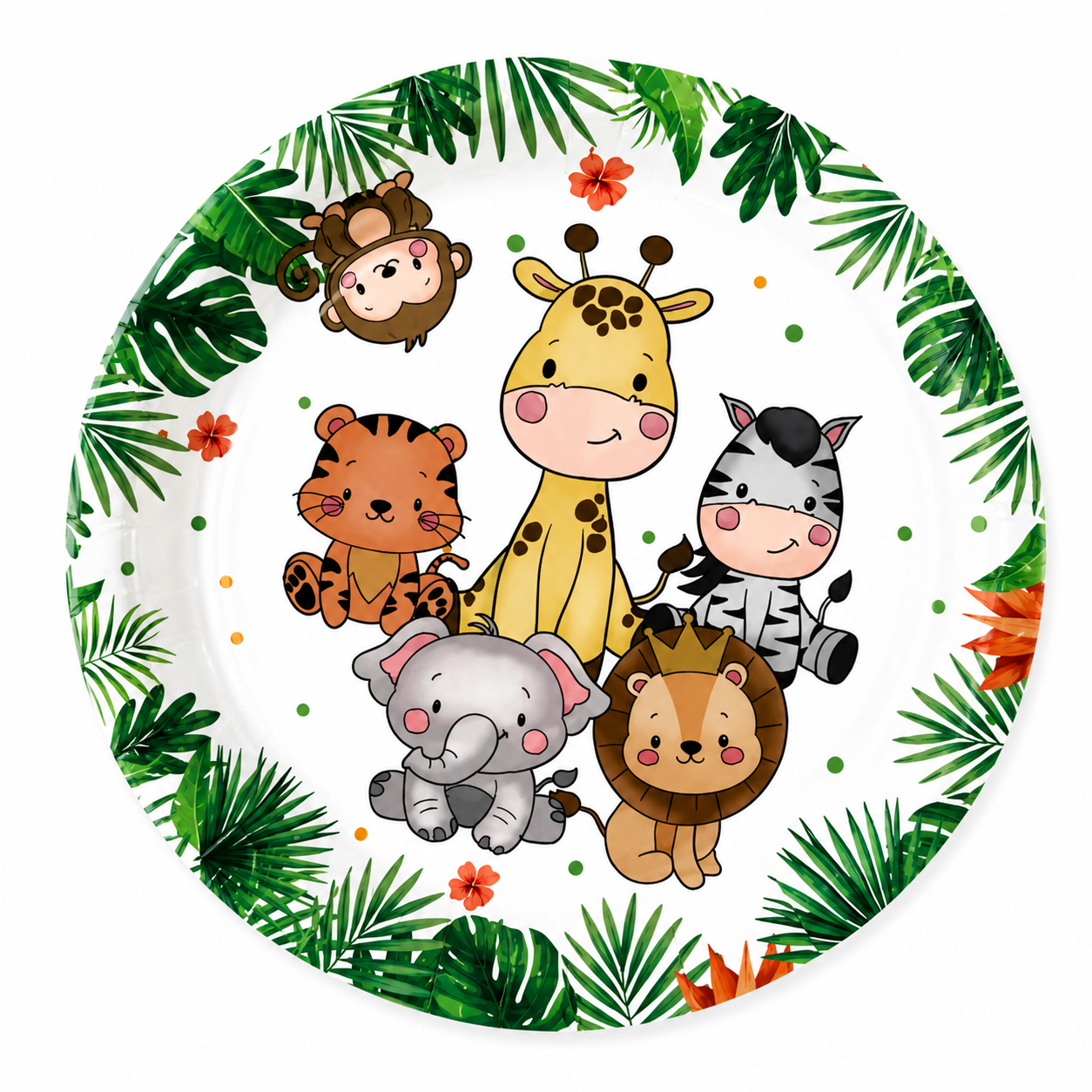 Safari Friends Party Plates with cute jungle animal illustrations and tropical leaf border