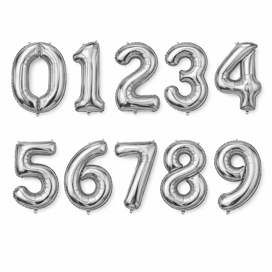 Silver metallic balloon numbers on a white background
