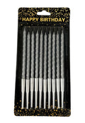 A pack of 10 metallic silver birthday candles displayed on a card with 'Happy Birthday' text.